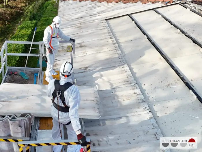 Operarios con arneses y líneas de vida sobre el tejado de un edificio, y también equipados con los EPIS para retirar amianto necesarios