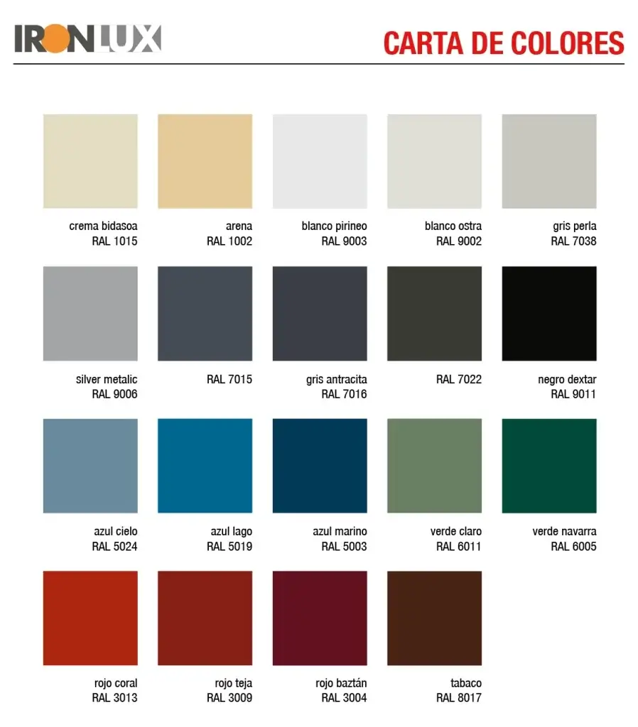 Gama de colors dels panells sandvitx de la marca Ironlux. Foto extreta de la web ironlux.com