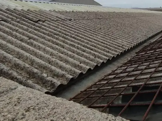 Fotografia d'una teulada d'uralita amb amiant en una nau industrial