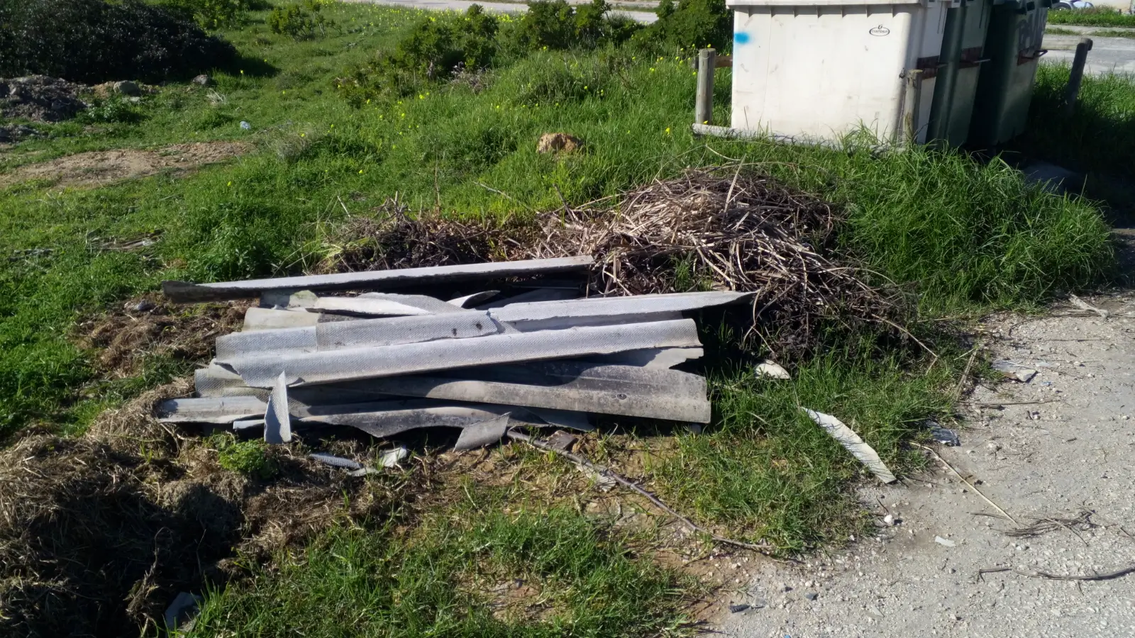 Platas de fibrocemento con amianto abandonadas cerca de contenedores en una zona verde.